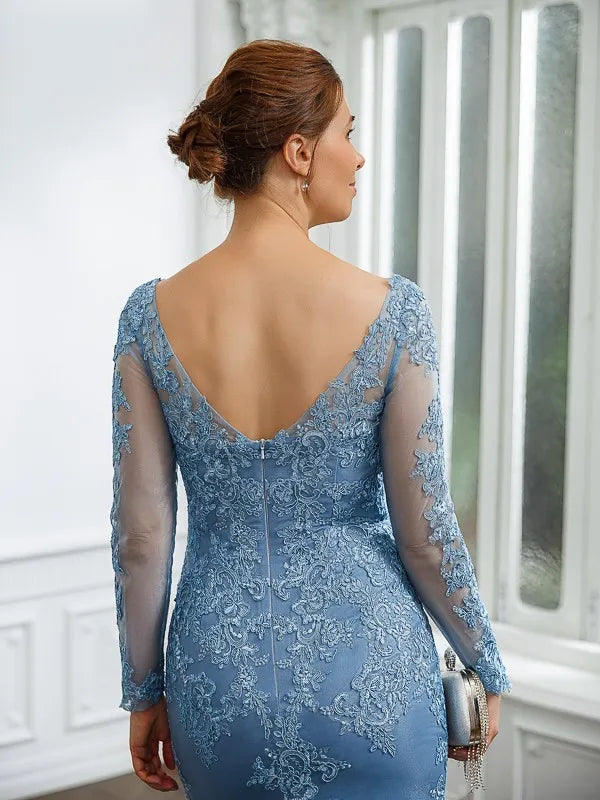 Graceful Mermaid V-Neck Sheer Long Sleeves Open Back Train-Length Mother Of The Bride Dresses