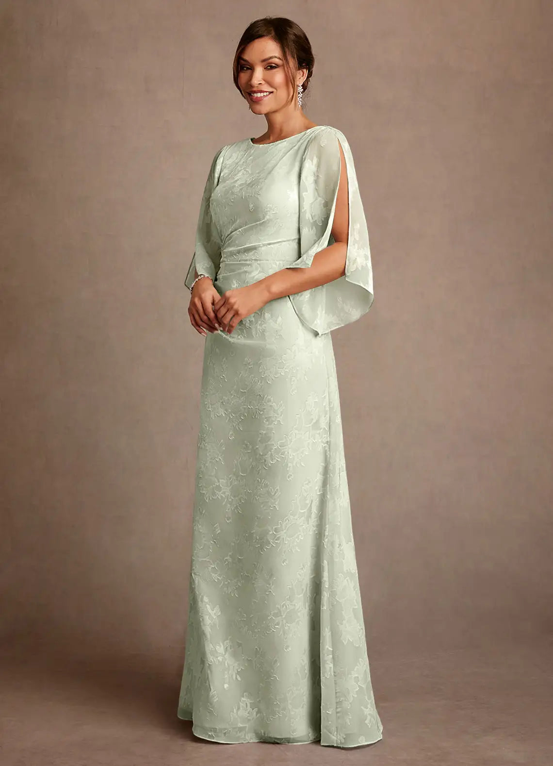 Graceful Sheath Bateau Cape Sleeve Cowl Back Floor-Length Mother of the Bride Dress