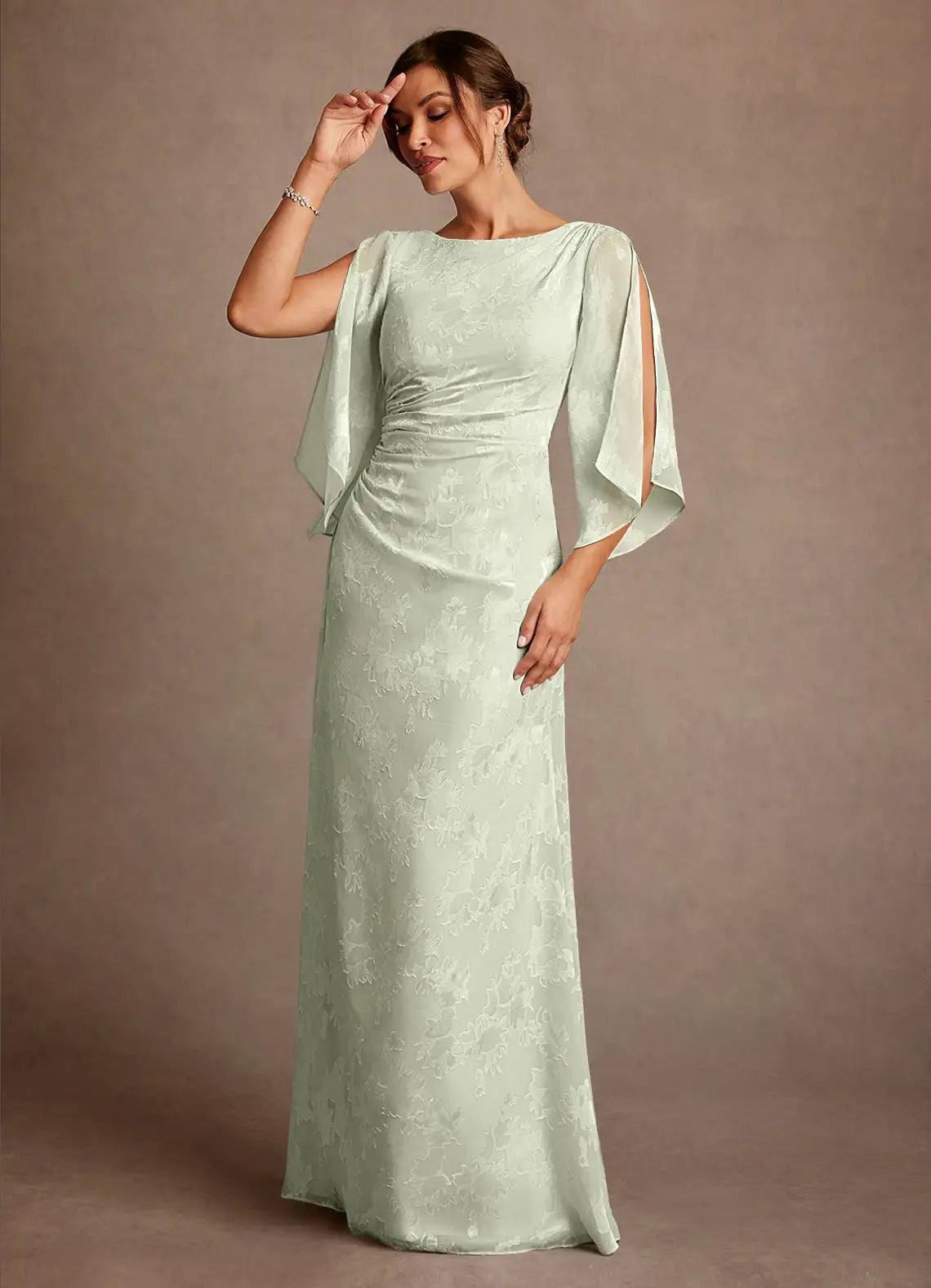 Graceful Sheath Bateau Cape Sleeve Cowl Back Floor-Length Mother of the Bride Dress
