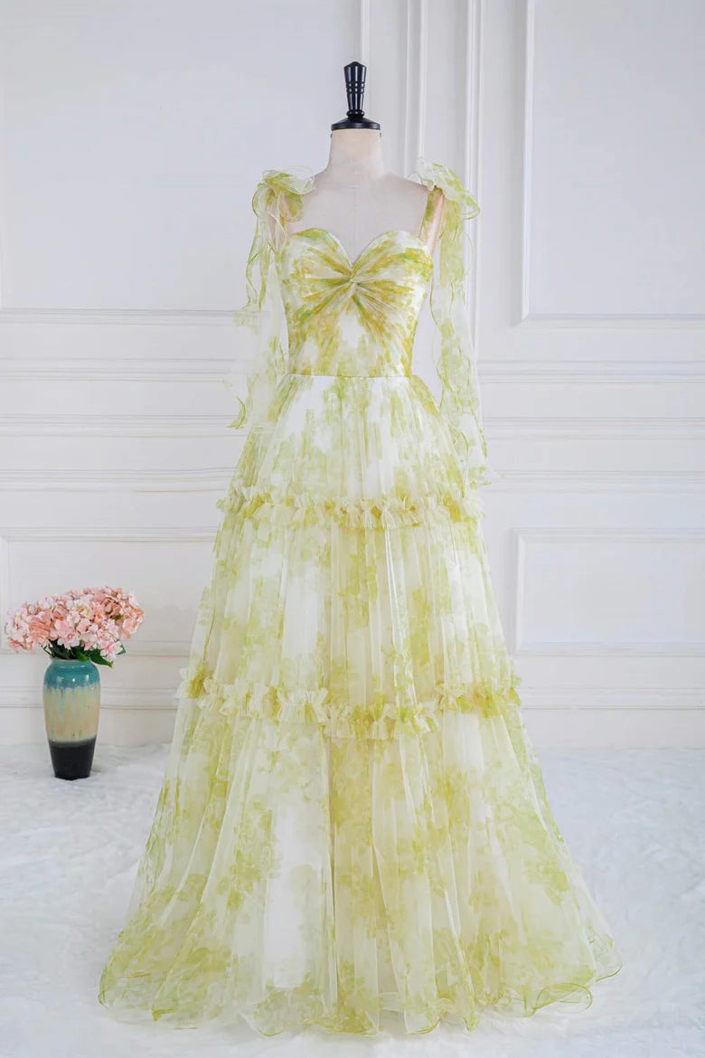 Green Floral Tulle Ruffle Strap Tiered Maxi Prom Dress For Special Events