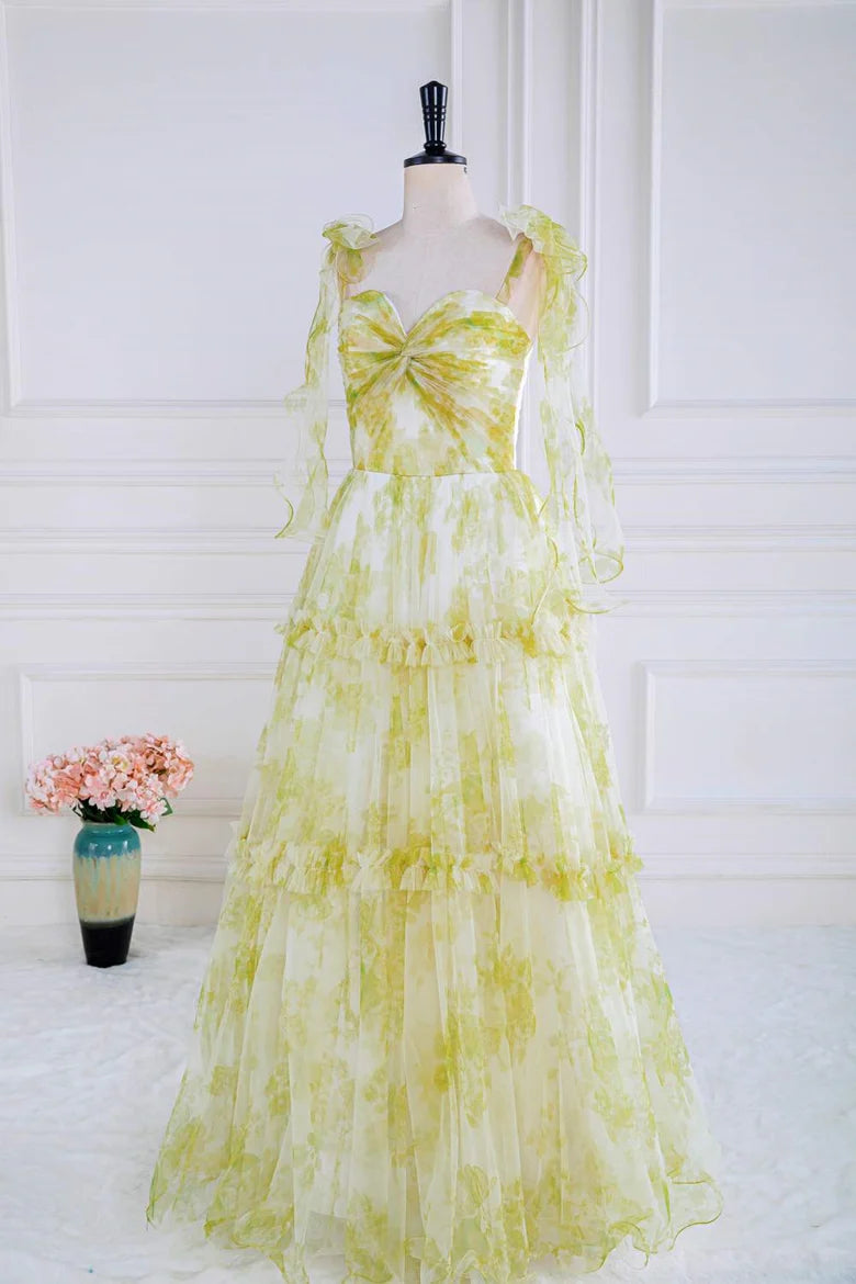Green Floral Tulle Ruffle Strap Tiered Maxi Prom Dress For Special Events