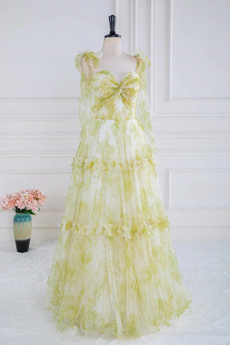 Green Floral Tulle Ruffle Strap Tiered Maxi Prom Dress For Special Events