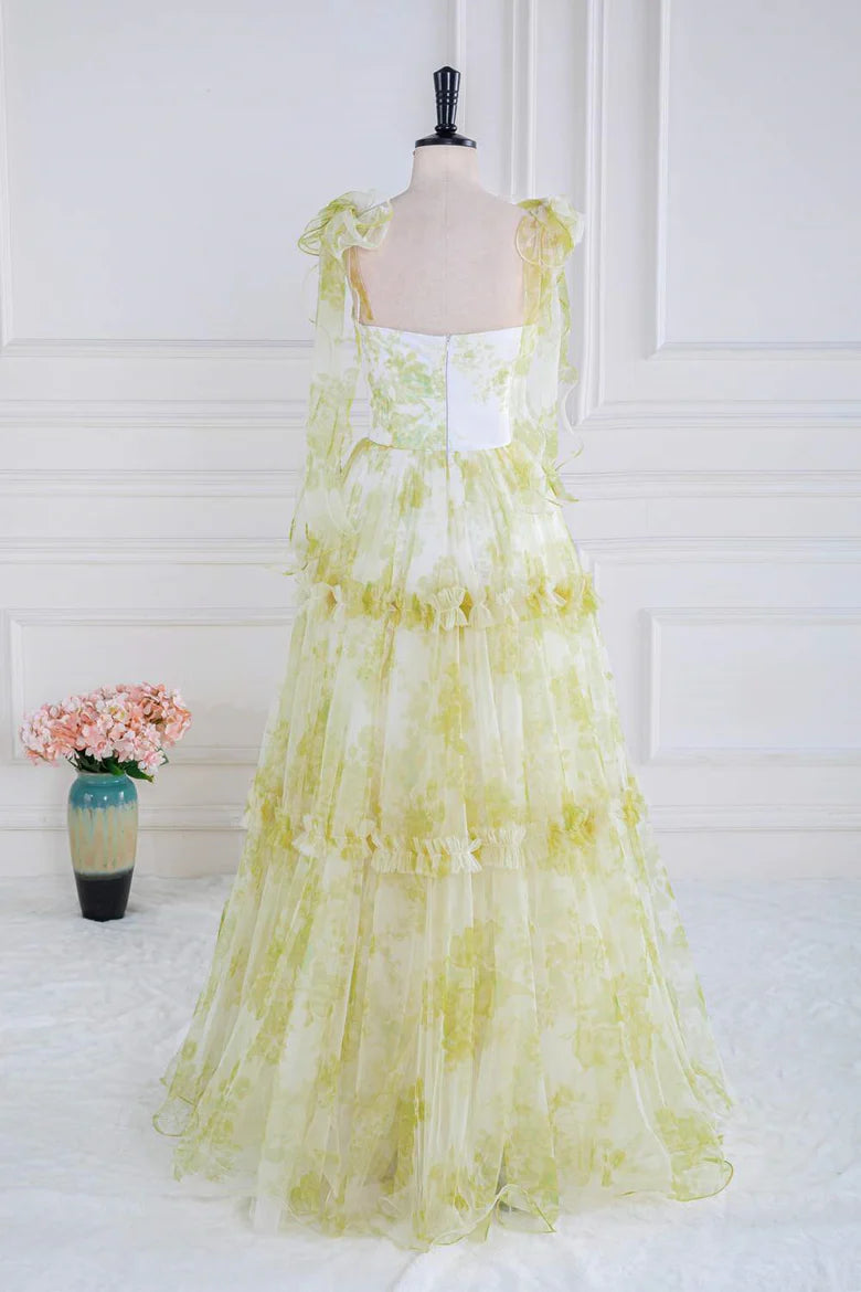 Green Floral Tulle Ruffle Strap Tiered Maxi Prom Dress For Special Events