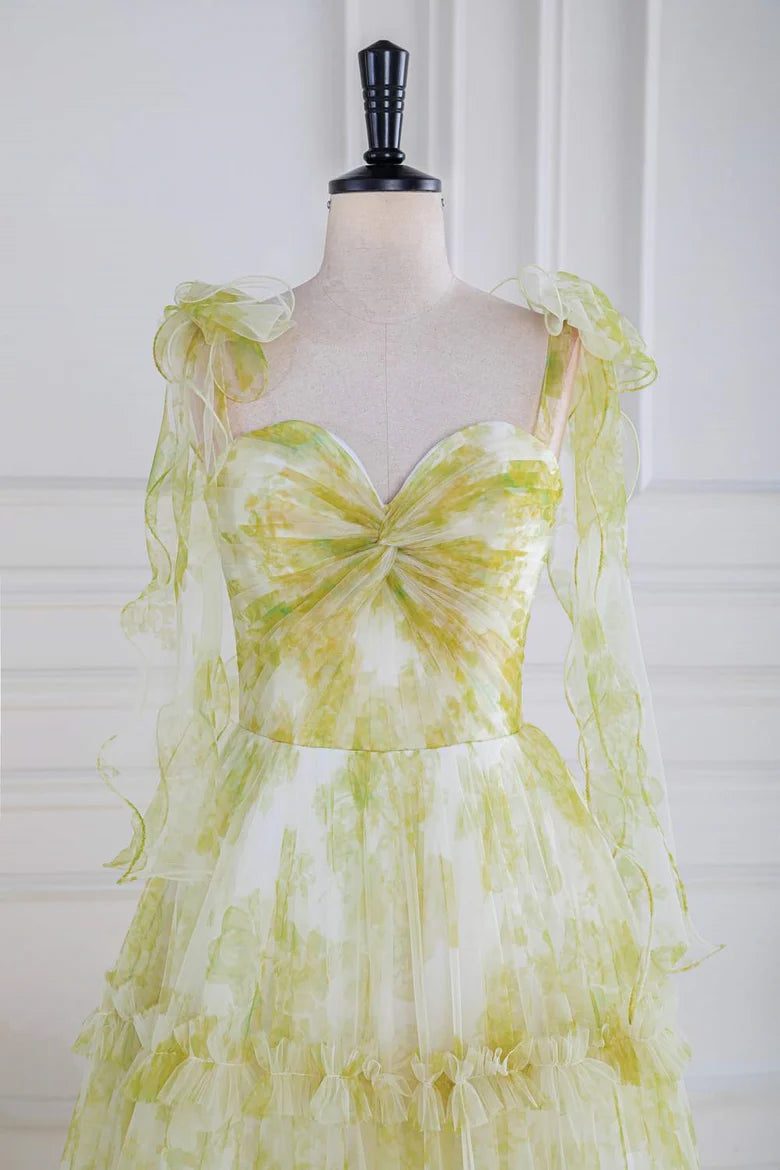Green Floral Tulle Ruffle Strap Tiered Maxi Prom Dress For Special Events