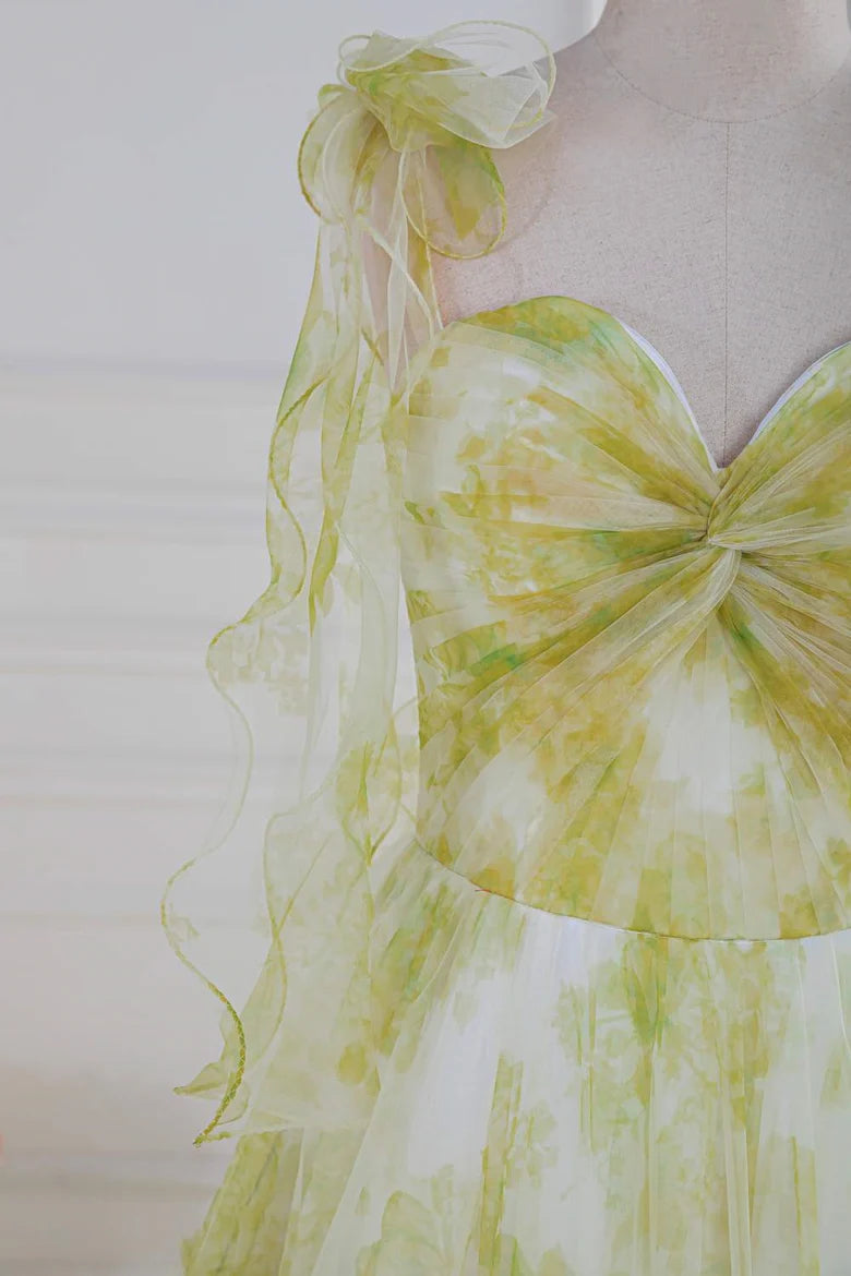 Green Floral Tulle Ruffle Strap Tiered Maxi Prom Dress For Special Events