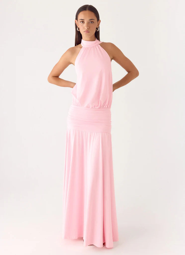 Halter Neck Baby Pink Open Back Ruched Waist Maxi Dress with Tie Detail