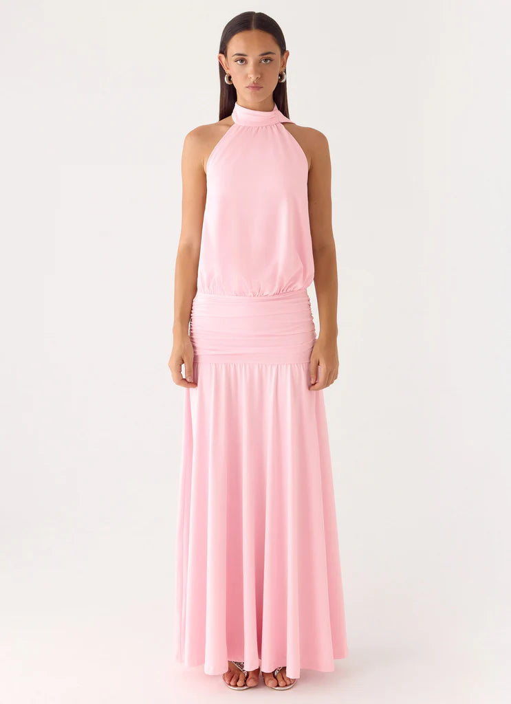 Halter Neck Baby Pink Open Back Ruched Waist Maxi Dress with Tie Detail