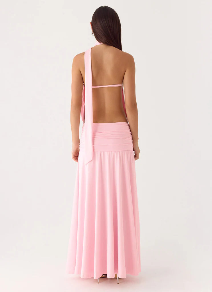 Halter Neck Baby Pink Open Back Ruched Waist Maxi Dress with Tie Detail