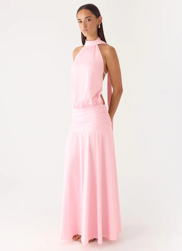 Halter Neck Baby Pink Open Back Ruched Waist Maxi Dress with Tie Detail