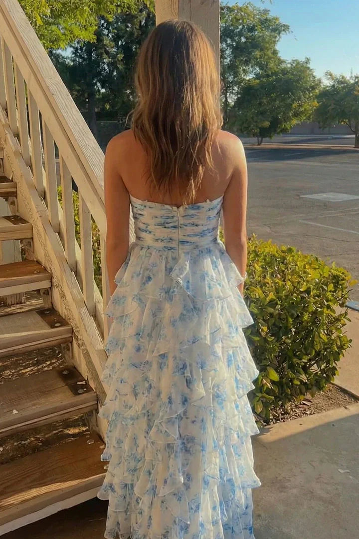Halter Neck Blue Floral Tiered Chiffon Prom Dress with Cutout For Events