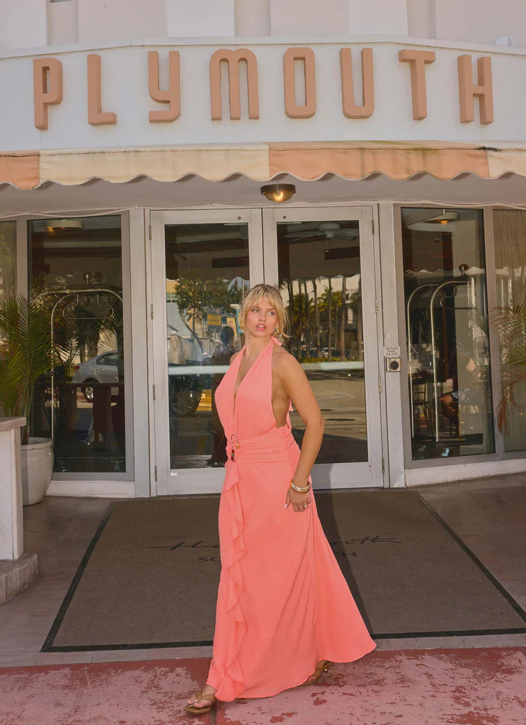 Halter Neck Coral Pink Open Back Maxi Prom Dress with Ruffle Detail