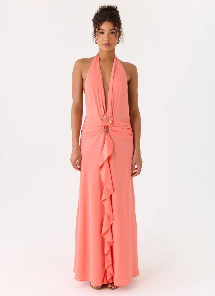 Halter Neck Coral Pink Open Back Maxi Prom Dress with Ruffle Detail