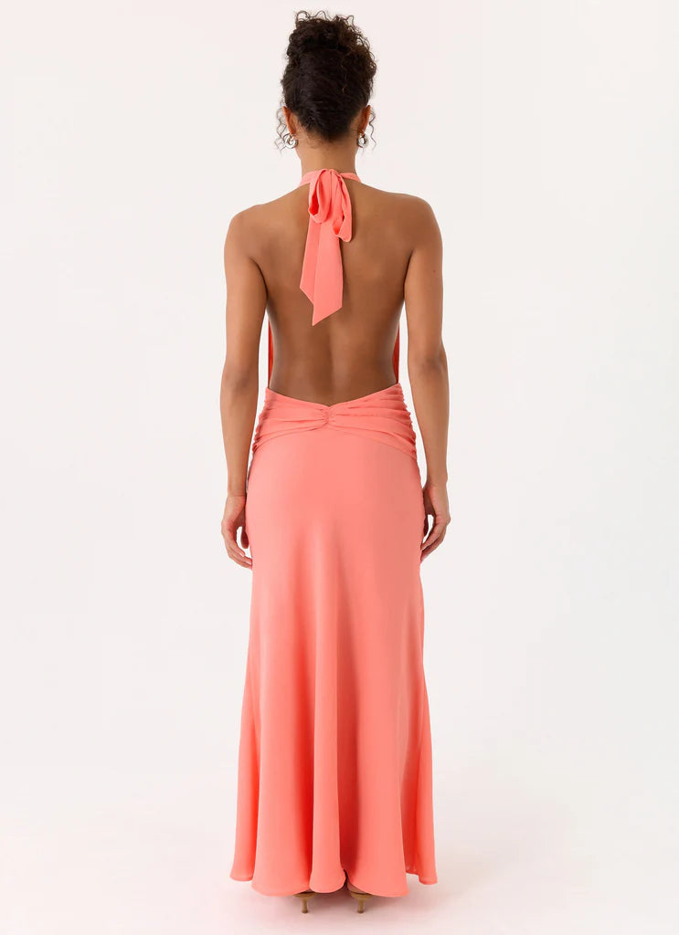 Halter Neck Coral Pink Open Back Maxi Prom Dress with Ruffle Detail