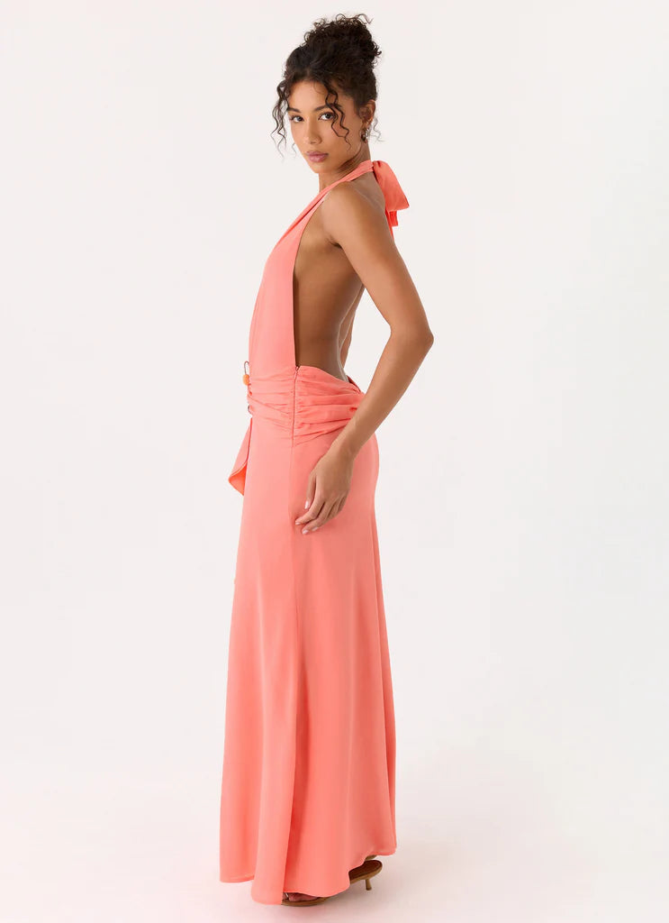 Halter Neck Coral Pink Open Back Maxi Prom Dress with Ruffle Detail