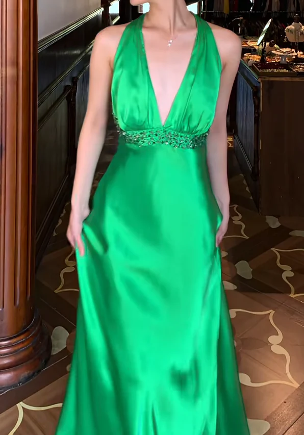 Halter Neck Deep V Beaded Waist Satin Maxi Evening Dress with Open Back and Train