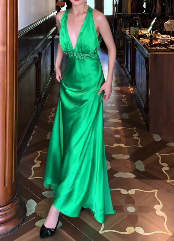 Halter Neck Deep V Beaded Waist Satin Maxi Evening Dress with Open Back and Train
