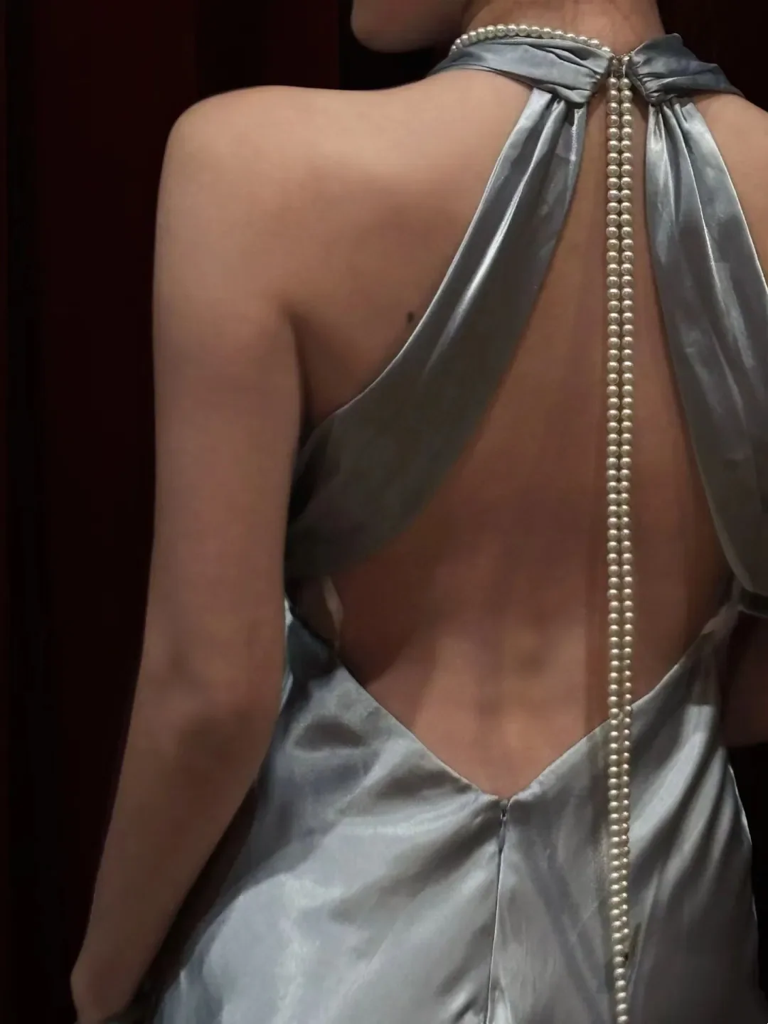 Halter Neck Deep V Satin Maxi Evening Dress with Pearl Back Detail and Side Slit