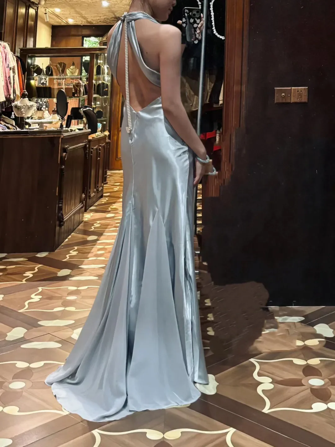 Halter Neck Deep V Satin Maxi Evening Dress with Pearl Back Detail and Side Slit