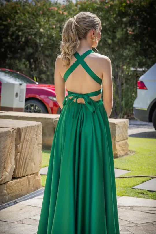 Halter Neck Emerald Green Satin Prom Dress with Criss-Cross Back and Bow
