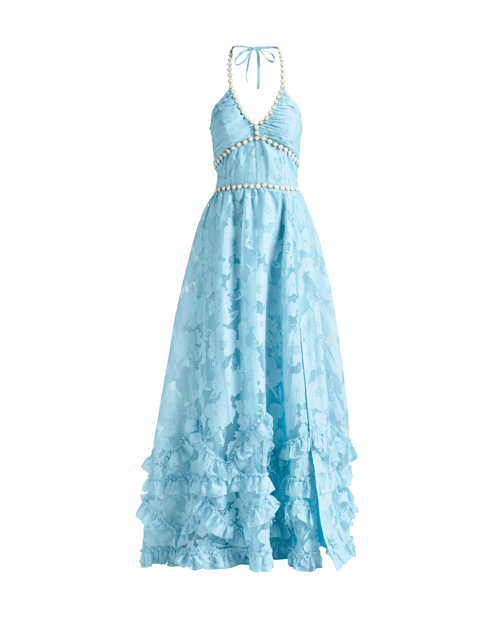Halter Neck Pearl Trim Floral Lace Tiered Ruffle Slit Maxi Prom Dresses (Sky Blue)