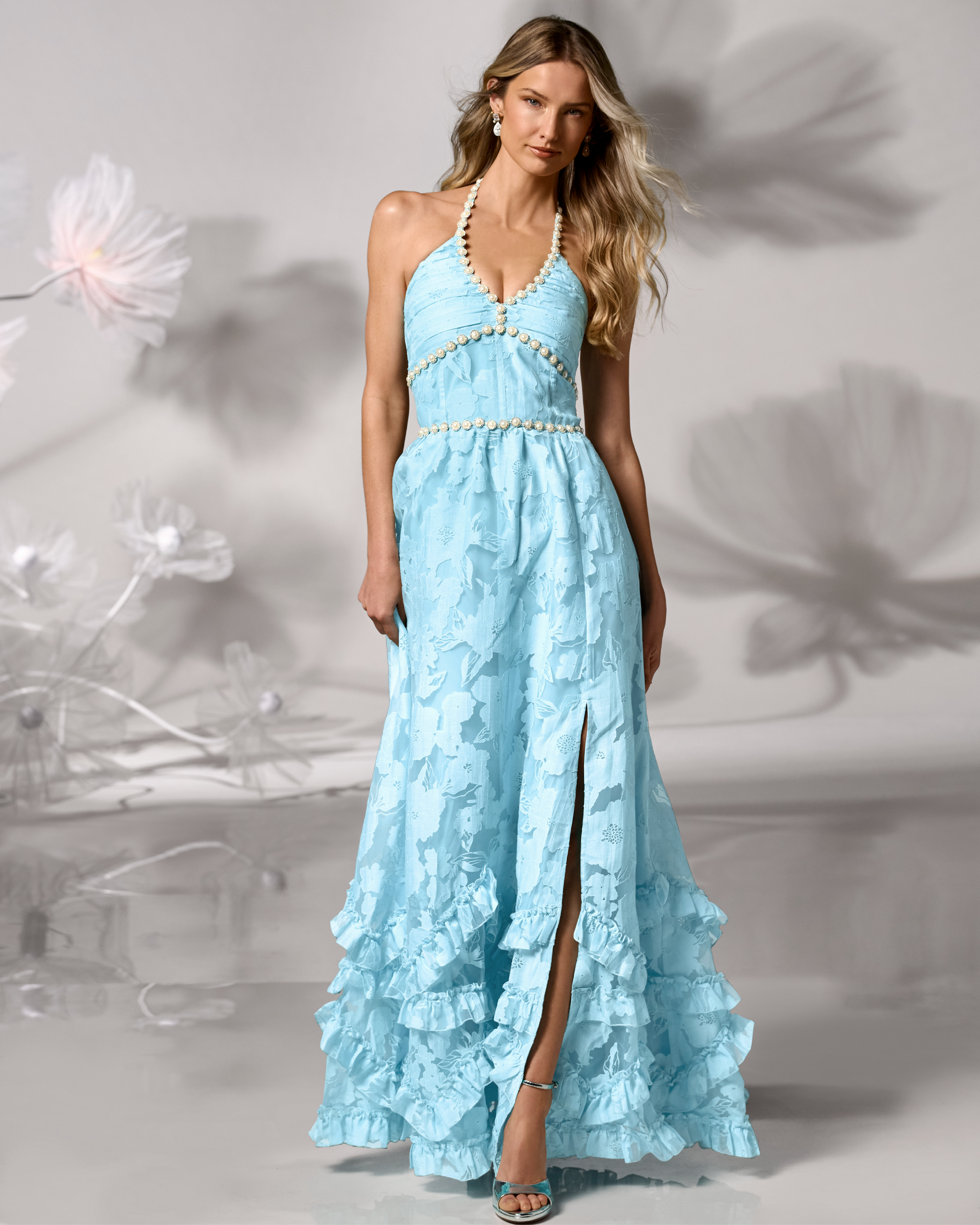 Halter Neck Pearl Trim Floral Lace Tiered Ruffle Slit Maxi Prom Dresses (Sky Blue)