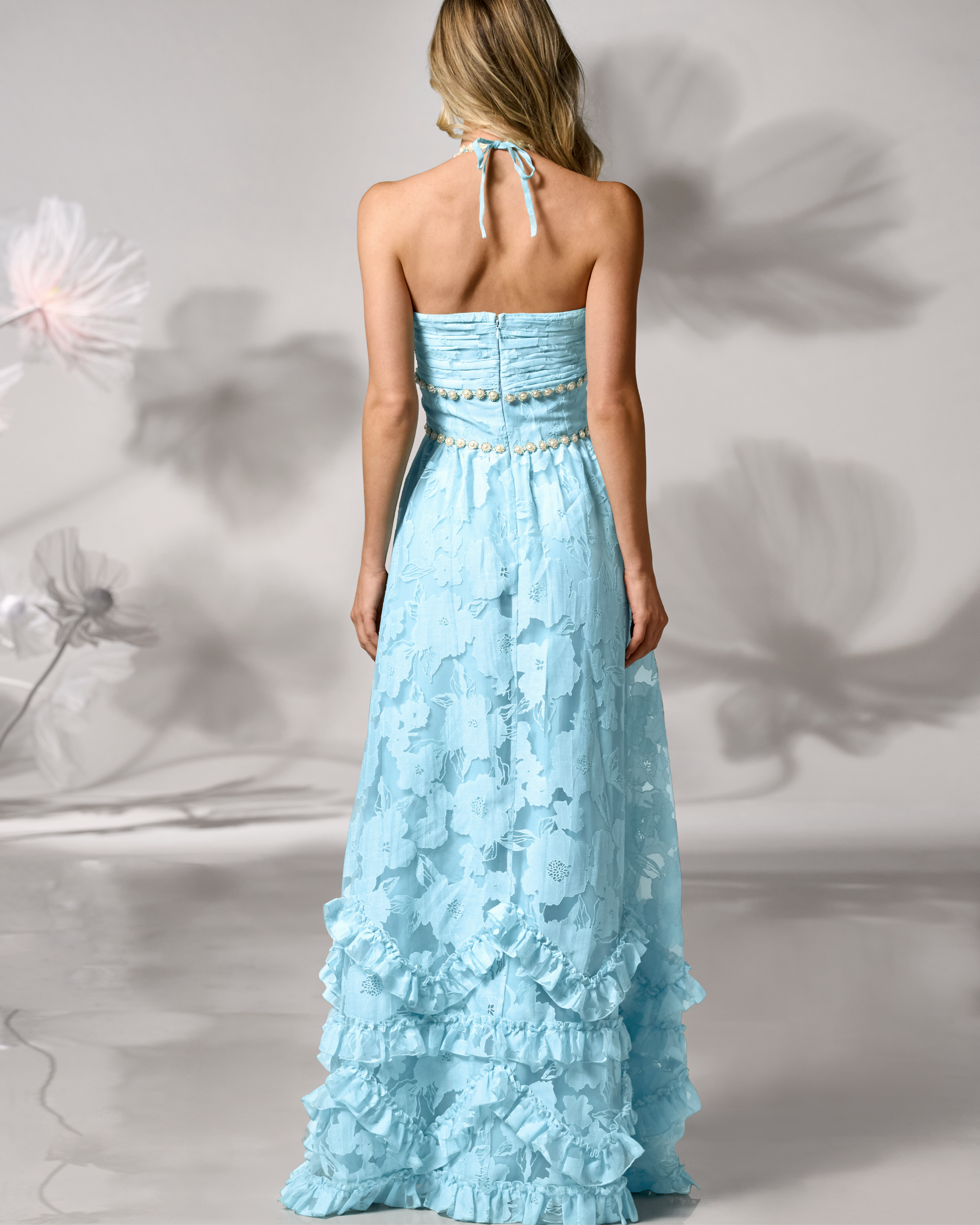 Halter Neck Pearl Trim Floral Lace Tiered Ruffle Slit Maxi Prom Dresses (Sky Blue)