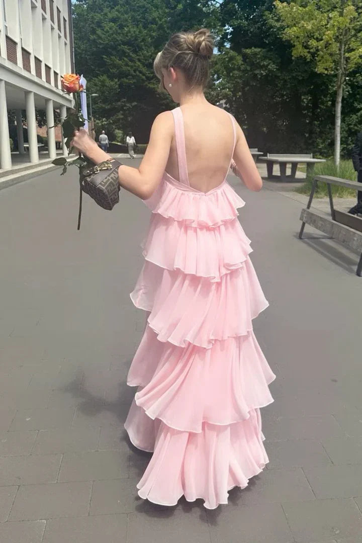 Halter Neck Pink Chiffon Ruffle Prom Dress with Open Back and Cascading Layers