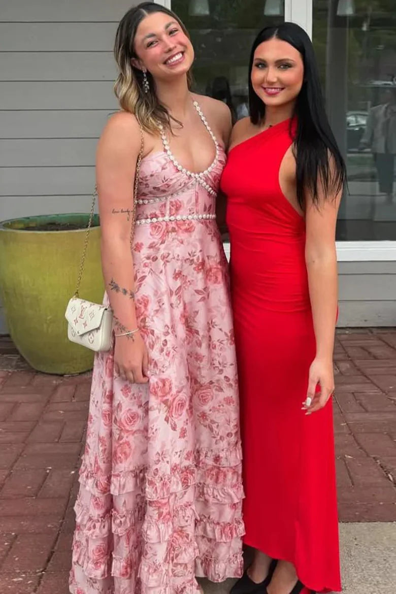 Halter Neck Pink Floral Maxi Prom Dress with Beaded Trim and Ruffled Slit Skirt