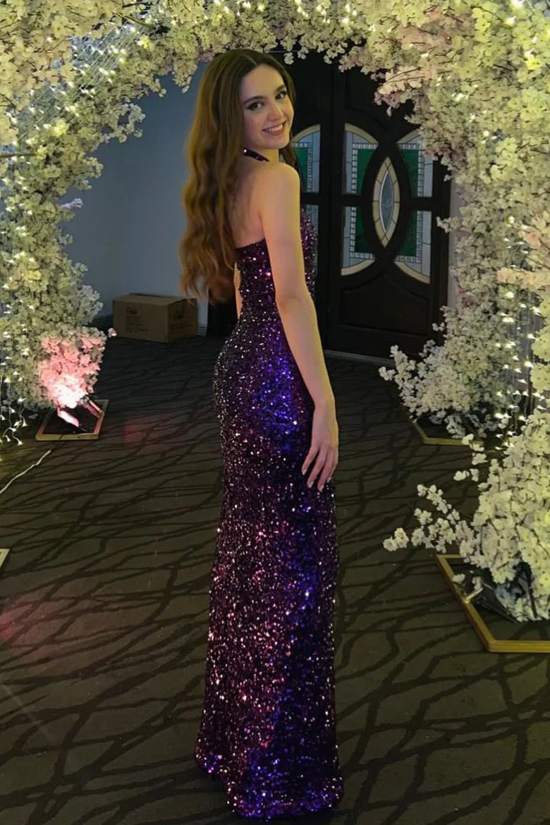 Halter Neck Purple Sequin Mermaid Prom Dress with Keyhole Cutout
