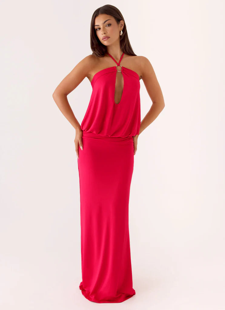 Hot Pink Halter Keyhole Blouson Waist Maxi Prom Dress For Glam Events