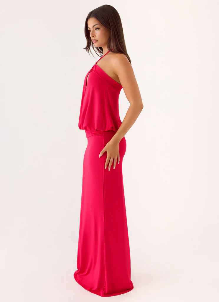 Hot Pink Halter Keyhole Blouson Waist Maxi Prom Dress For Glam Events