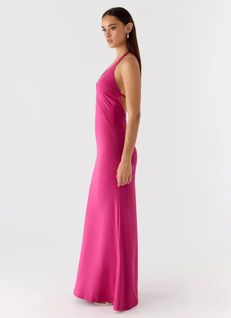 Hot Pink Halter Neck Backless Ruched Maxi Prom Dress For Stunning Formal Occasions