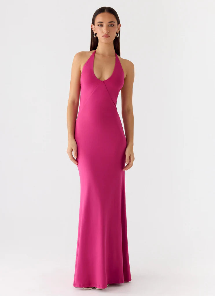 Hot Pink Halter Neck Backless Ruched Maxi Prom Dress For Stunning Formal Occasions