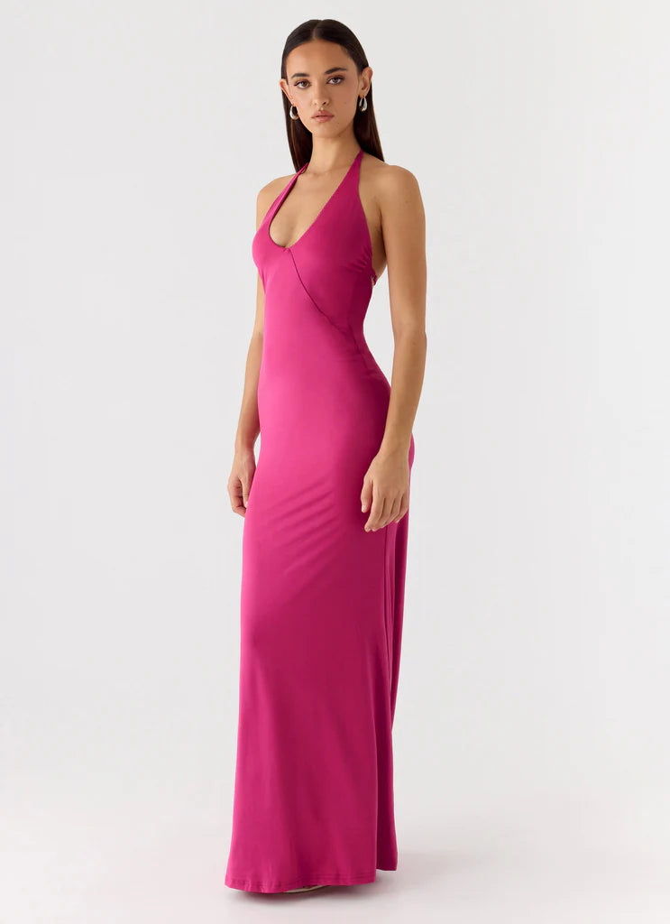 Hot Pink Halter Neck Backless Ruched Maxi Prom Dress For Stunning Formal Occasions
