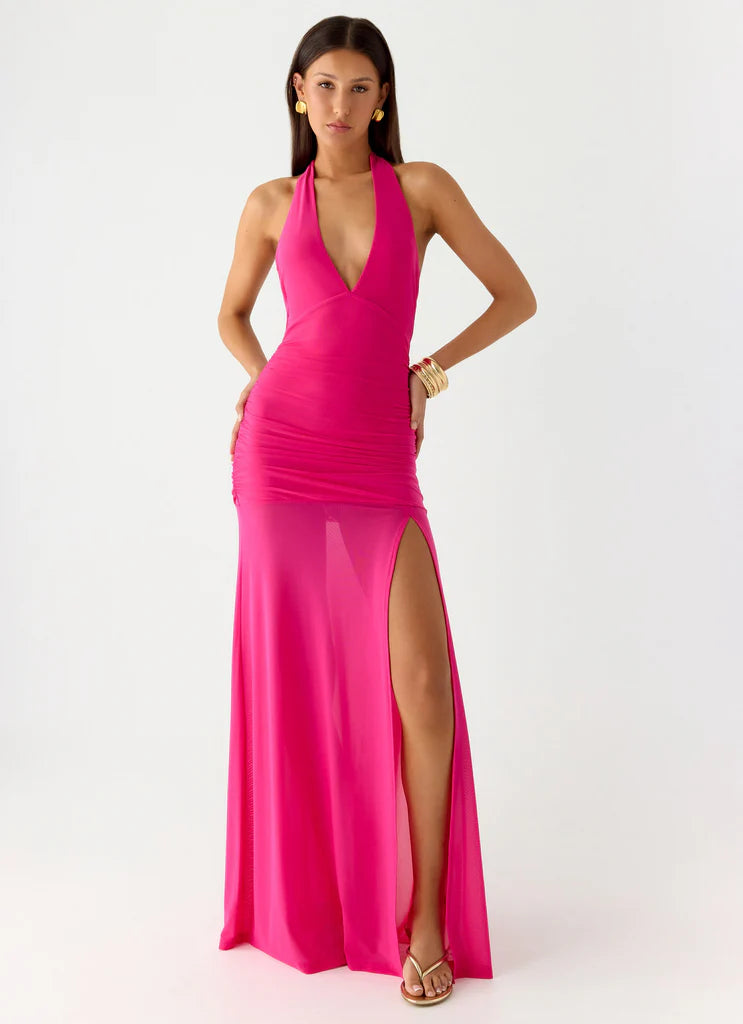 Hot Pink Halter Neck Ruched Mesh Slit Maxi Prom Dress For Glam Formal Evening Events