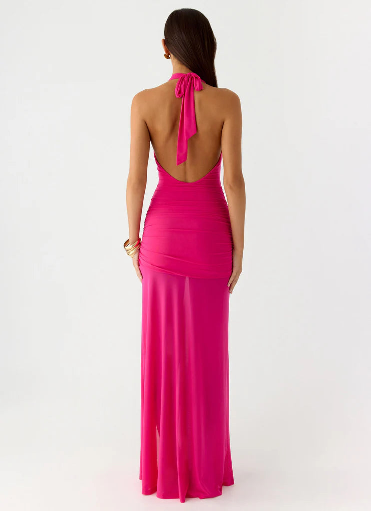 Hot Pink Halter Neck Ruched Mesh Slit Maxi Prom Dress For Glam Formal Evening Events