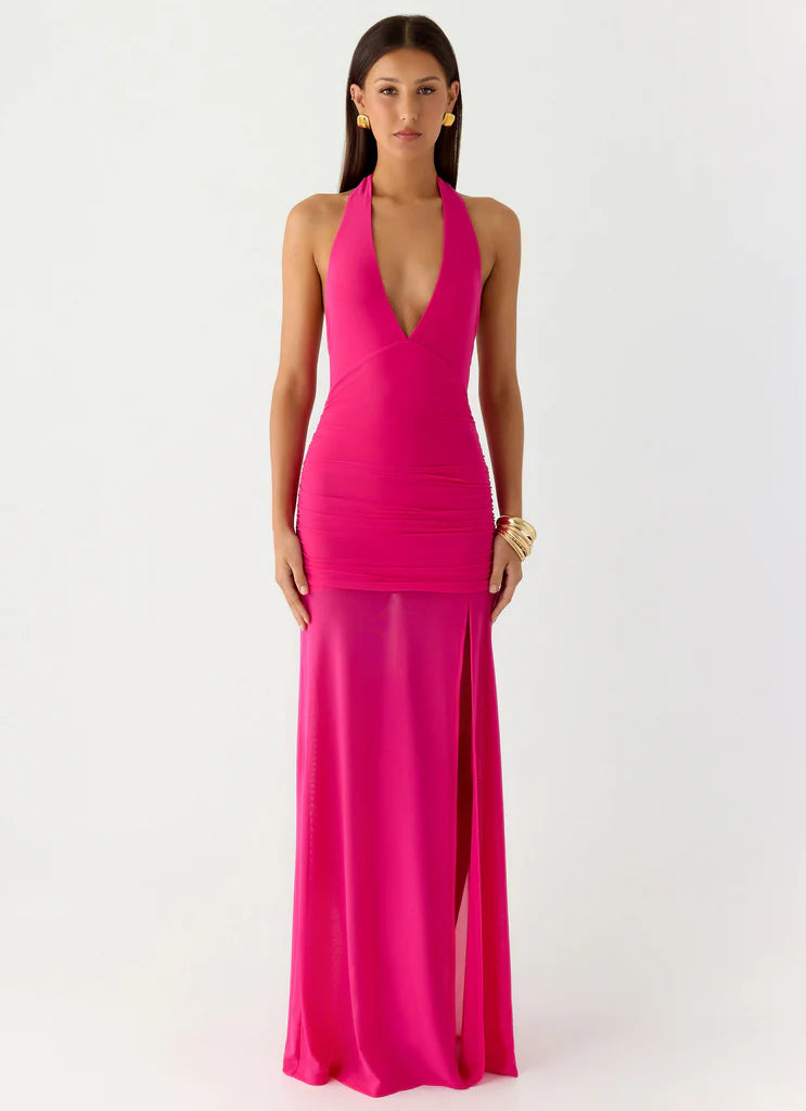 Hot Pink Halter Neck Ruched Mesh Slit Maxi Prom Dress For Glam Formal Evening Events