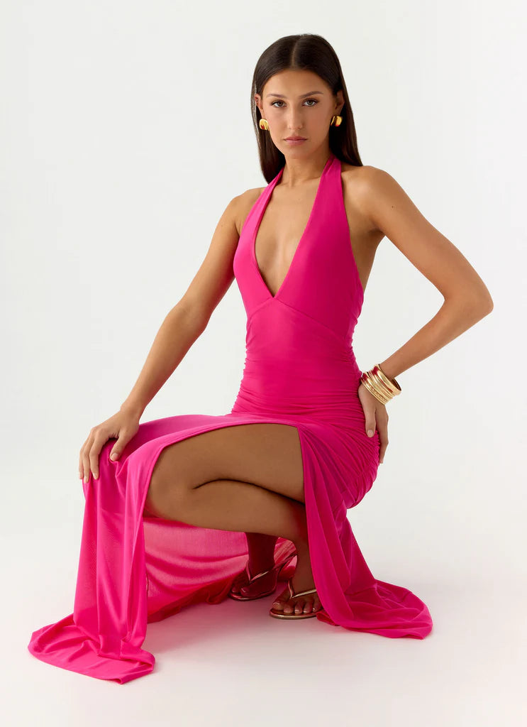 Hot Pink Halter Neck Ruched Mesh Slit Maxi Prom Dress For Glam Formal Evening Events