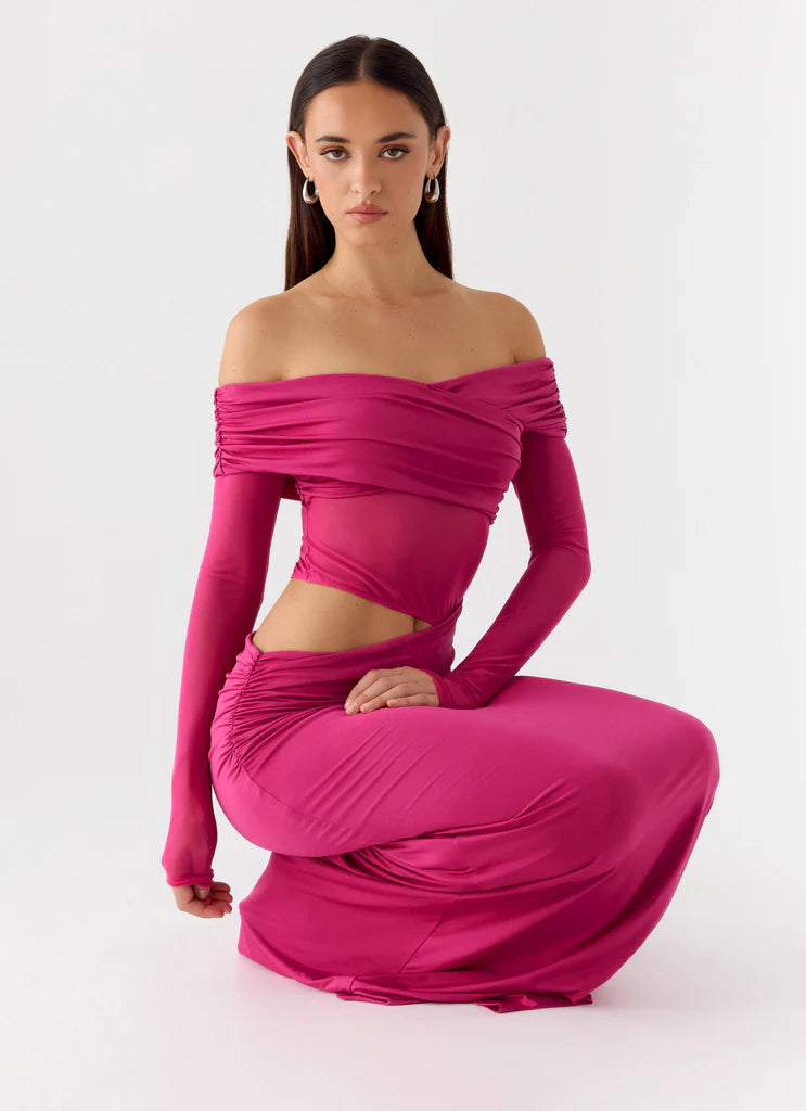 Hot Pink Off Shoulder Long Sleeve Cutout Maxi Prom Dress For Glamorous Evenings