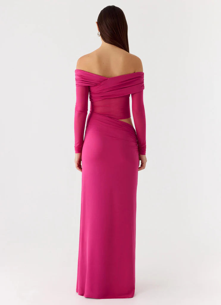 Hot Pink Off Shoulder Long Sleeve Cutout Maxi Prom Dress For Glamorous Evenings