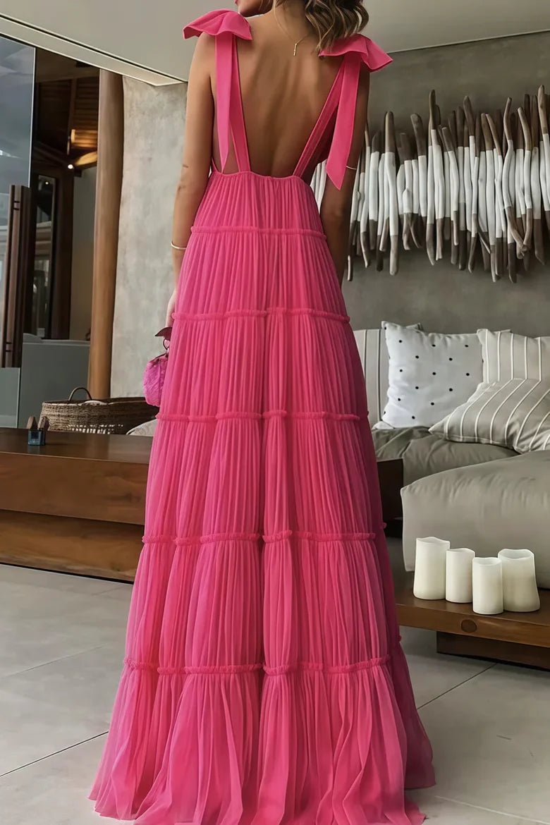 Hot Pink Pleated Tiered Maxi Dress with Bow Shoulder Straps and Deep V-Back
