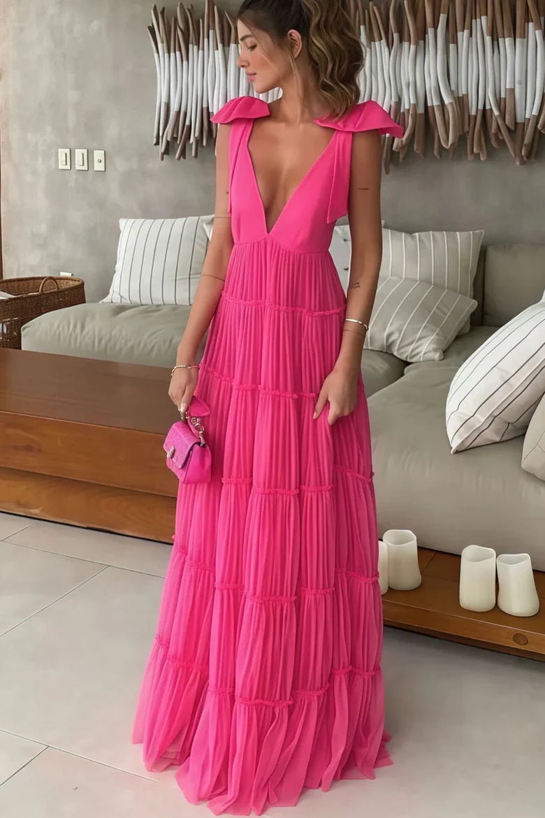 Hot Pink Pleated Tiered Maxi Dress with Bow Shoulder Straps and Deep V-Back