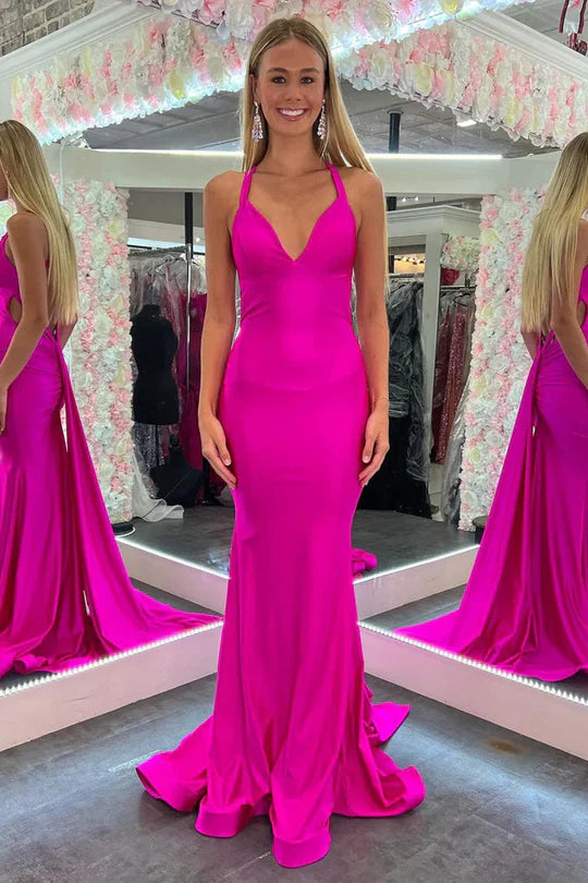 Hot Pink Satin Halter Neck Mermaid Prom Dress with Crisscross Open Back and Train