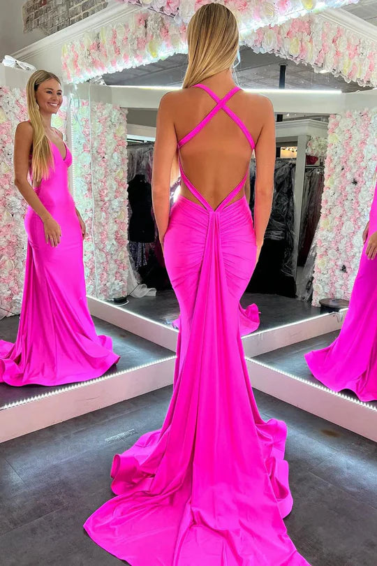 Hot Pink Satin Halter Neck Mermaid Prom Dress with Crisscross Open Back and Train