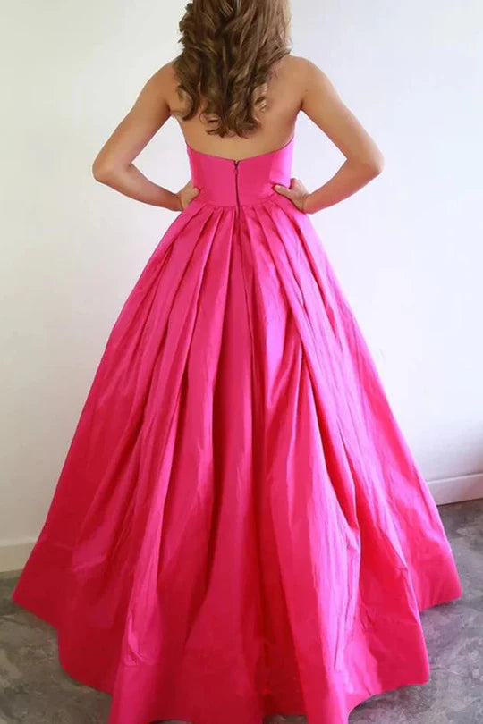 Hot Pink Satin Strapless Bow Cut Out Ball Gown Prom Dress For Galas