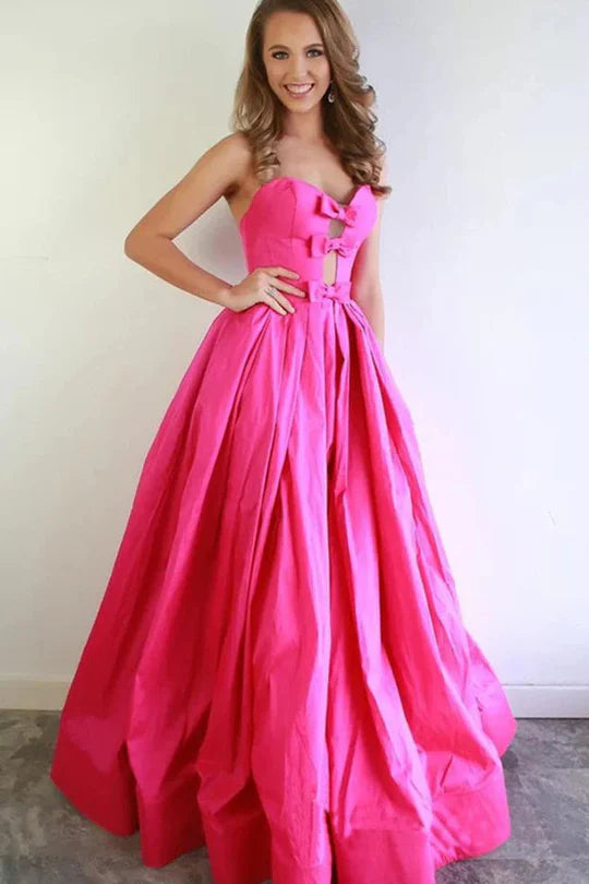 Hot Pink Satin Strapless Bow Cut Out Ball Gown Prom Dress For Galas