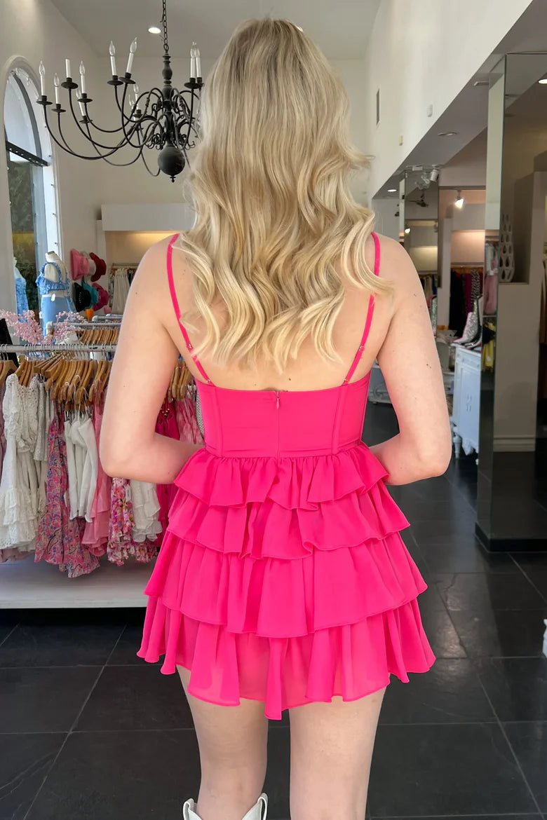 Hot Pink Spaghetti Strap Corset Tiered Ruffle Mini Dress For Parties