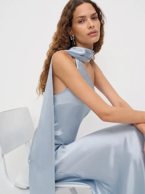 Ice Blue Satin One-Shoulder Scarf Detail Maxi Prom Gown