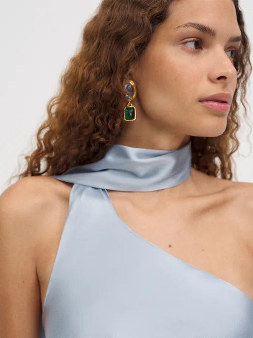 Ice Blue Satin One-Shoulder Scarf Detail Maxi Prom Gown