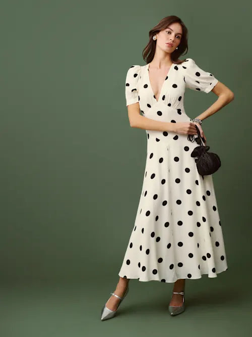 Ivory Black Polka Dot Deep V-Neck Puff Sleeve Prom Dress